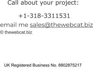 email me sales@thewebcat.biz © thewebcat.biz           UK Registered Business No. 8802875217  Call about your project:  +1-318-3311531